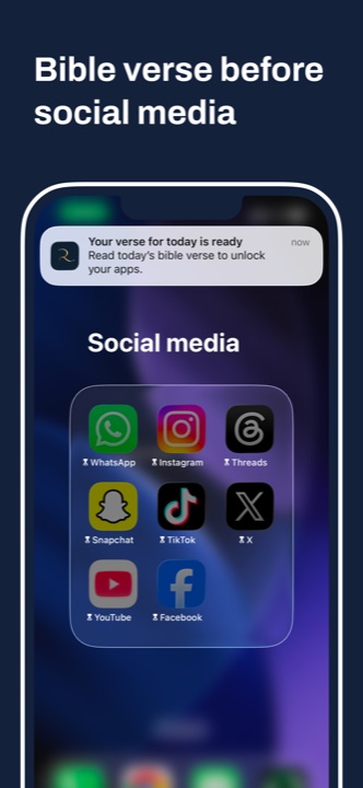 iPhone home screen with Instagram, TikTok and other social media apps locked by Rhemack until today's Bible verse is read