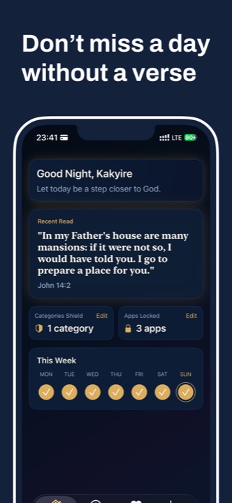 Rhemack dashboard showing recent verse, categories shield, locked apps and weekly reading check-ins